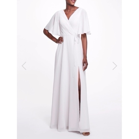 Marchesa Notte Bridesmaids Draped-Sleeve Rear-Cutout Gown Grey - Picture 6 of 16